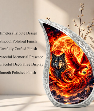 Wolf and Phoenix Urn for Human Ashes, Adult Cremation Urn with Fiery Phoenix and Black Wolf