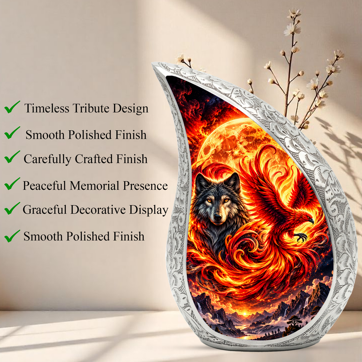 Wolf and Phoenix Urn for Human Ashes, Adult Cremation Urn with Fiery Phoenix and Black Wolf