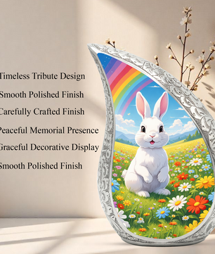 Personalized Rabbit Cremation Urn – Rainbow Meadow Teardrop Memorial Urn, 10 Inch Aluminum