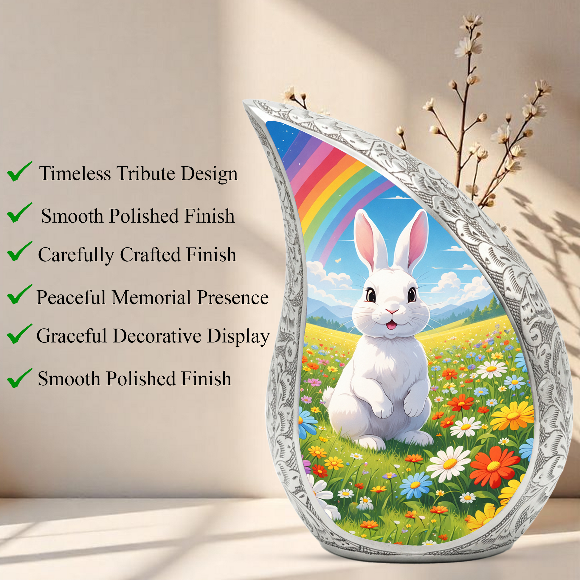 Personalized Rabbit Cremation Urn – Rainbow Meadow Teardrop Memorial Urn, 10 Inch Aluminum