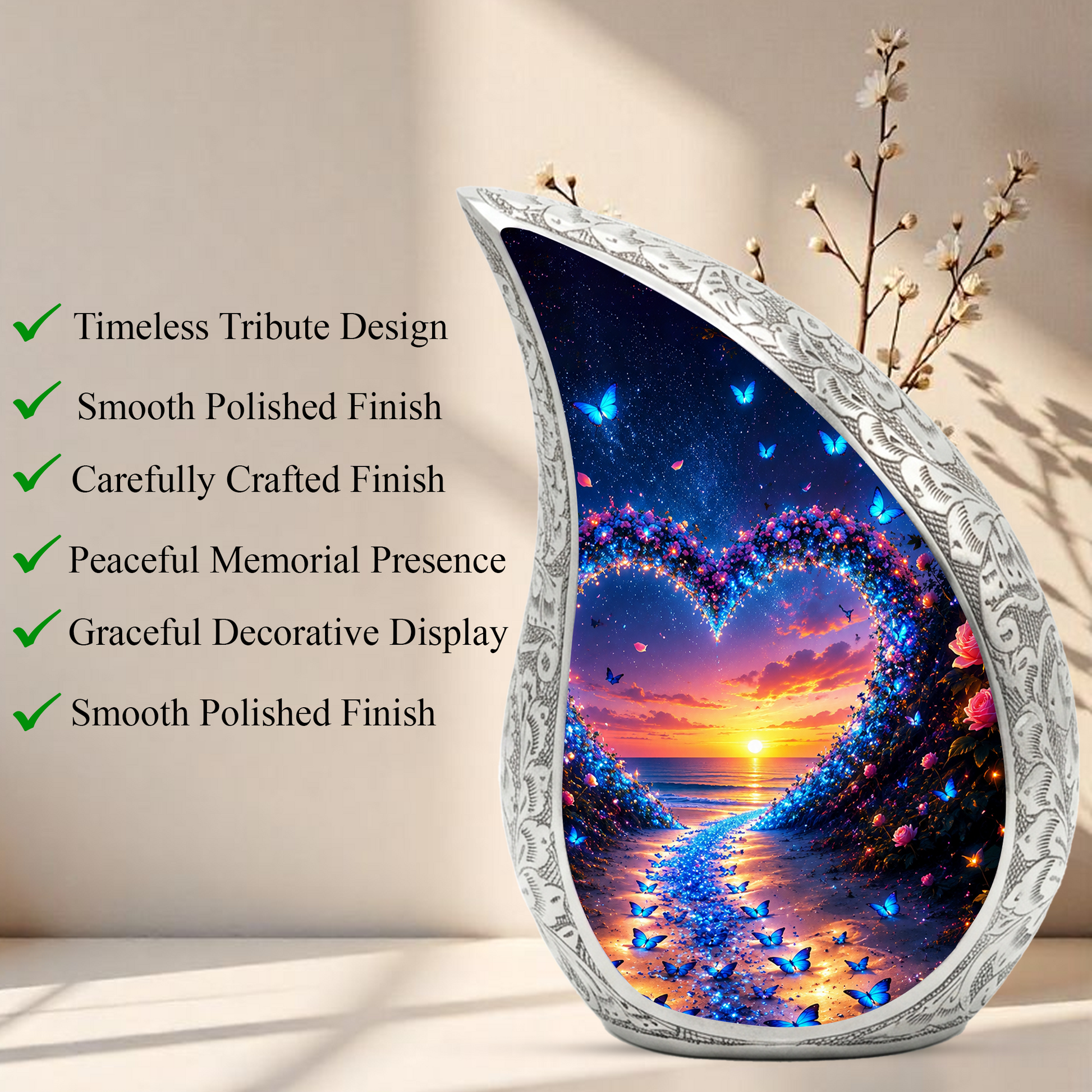 Butterfly Heart Urn for Human Ashes – Beautiful Butterfly Cremation Urn for Ashes, Heart-Shaped Memorial Urn with Butterflies