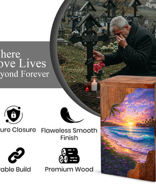 Beach Wooden Cremation Urn – Ocean Sunset Memorial Urn with Tropical Coastal Design