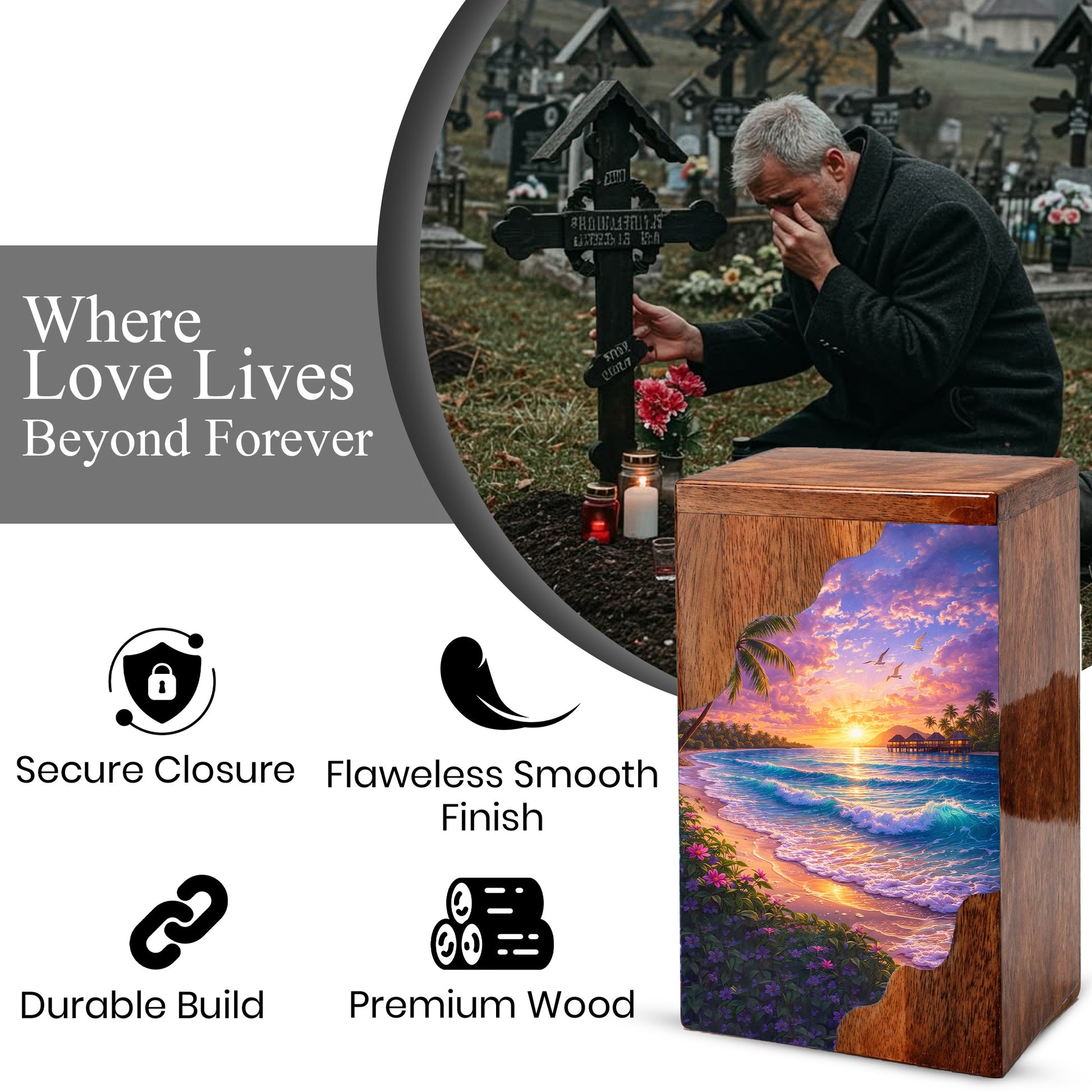 Beach Wooden Cremation Urn – Ocean Sunset Memorial Urn with Tropical Coastal Design