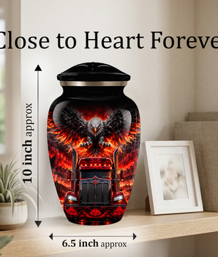 Personalized Adult Cremation Urn for Ashes, Custom Red Semi Truck and Fiery Eagle Memorial Urn, Truck Driver Urn
