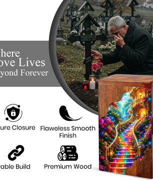Enchanted Garden Stairway Wooden Cremation Urn – Personalized Memorial Urn for Human Ashes