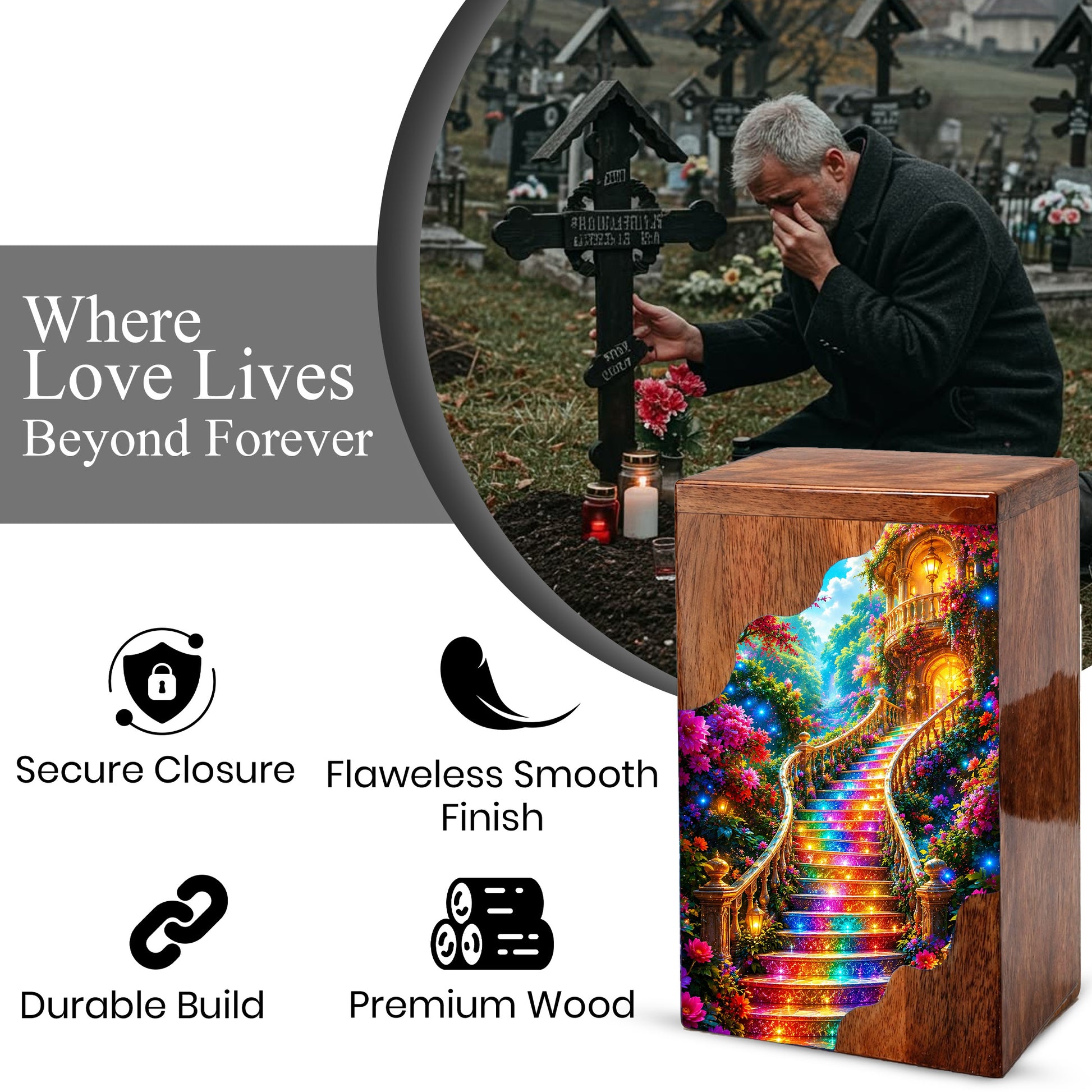 Enchanted Garden Stairway Wooden Cremation Urn – Personalized Memorial Urn for Human Ashes