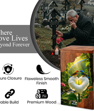 Rainbow Birds Wooden Cremation Urn – Personalized Memorial Urn for Human Ashes
