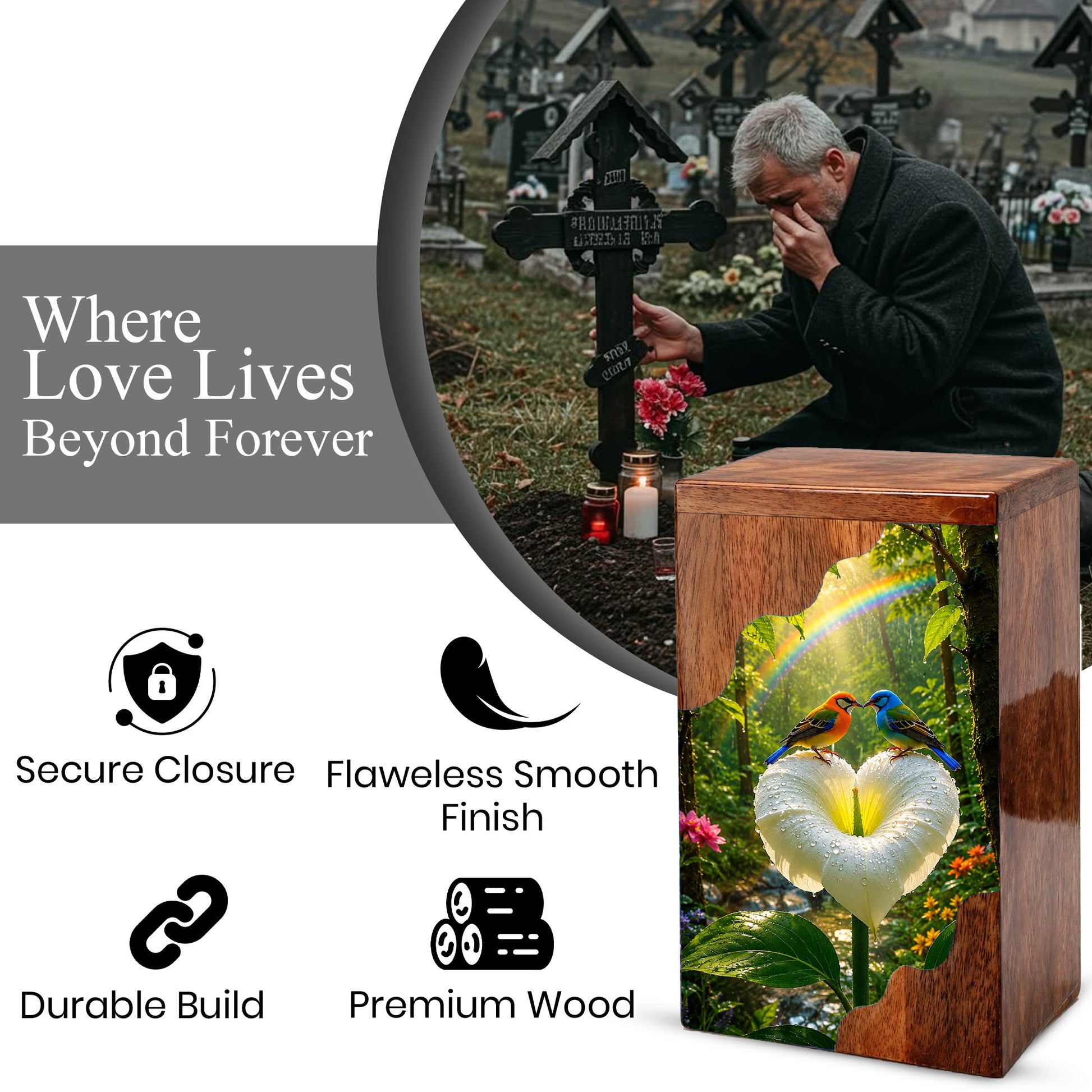 Rainbow Birds Wooden Cremation Urn – Personalized Memorial Urn for Human Ashes