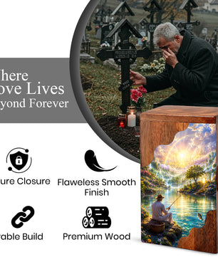 Fishing in Heaven Wooden Cremation Urn – Heavenly Fishing Memorial Urn for Human Ashes