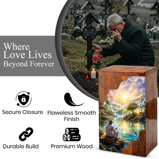 Fishing in Heaven Wooden Cremation Urn – Heavenly Fishing Memorial Urn for Human Ashes