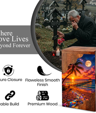 Beach Sunset Wooden Cremation Urn – Tropical Ocean Memorial Urn with Moonlit Shore