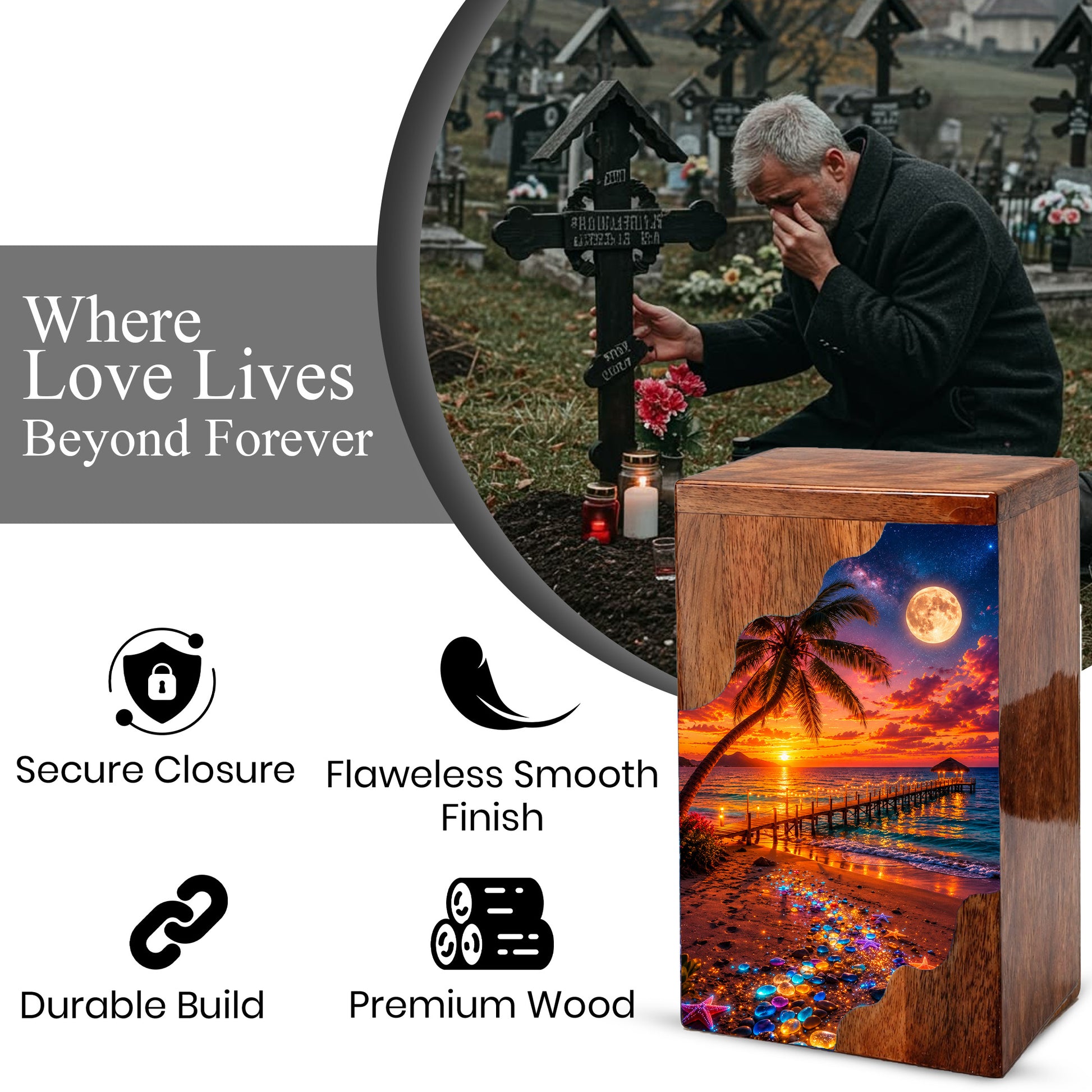 Beach Sunset Wooden Cremation Urn – Tropical Ocean Memorial Urn with Moonlit Shore