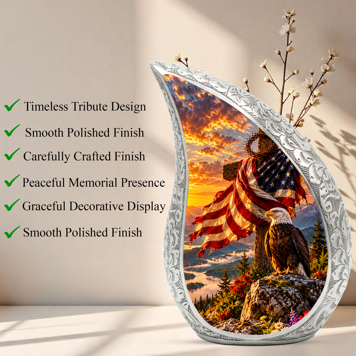 Christian Cremation Urn for Adult Ashes, Jesus Cross and American Flag Memorial Urn