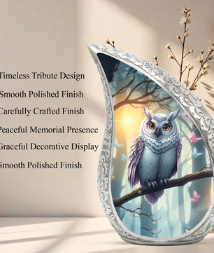 Enchanted Owl Personalized Cremation Urn – Teardrop Memorial Urn for Ashes | 10 Inch Aluminum Adult Urn