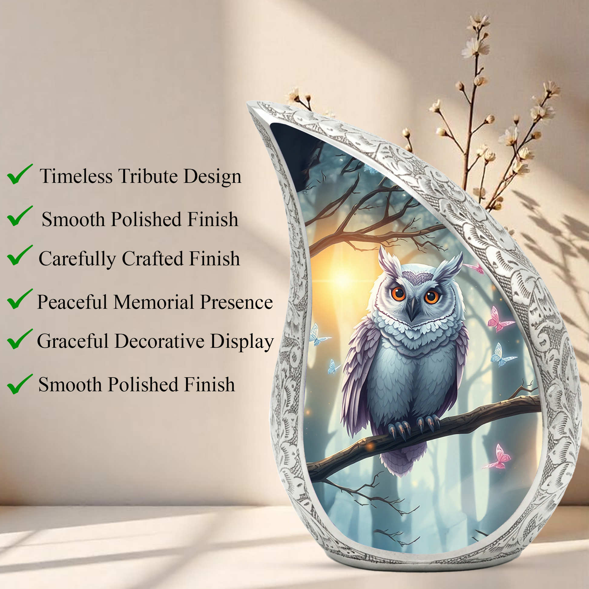 Enchanted Owl Personalized Cremation Urn – Teardrop Memorial Urn for Ashes | 10 Inch Aluminum Adult Urn