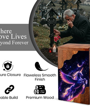Celestial Pegasus Unicorn Wooden Cremation Urn – Personalized Memorial Urn for Human Ashes