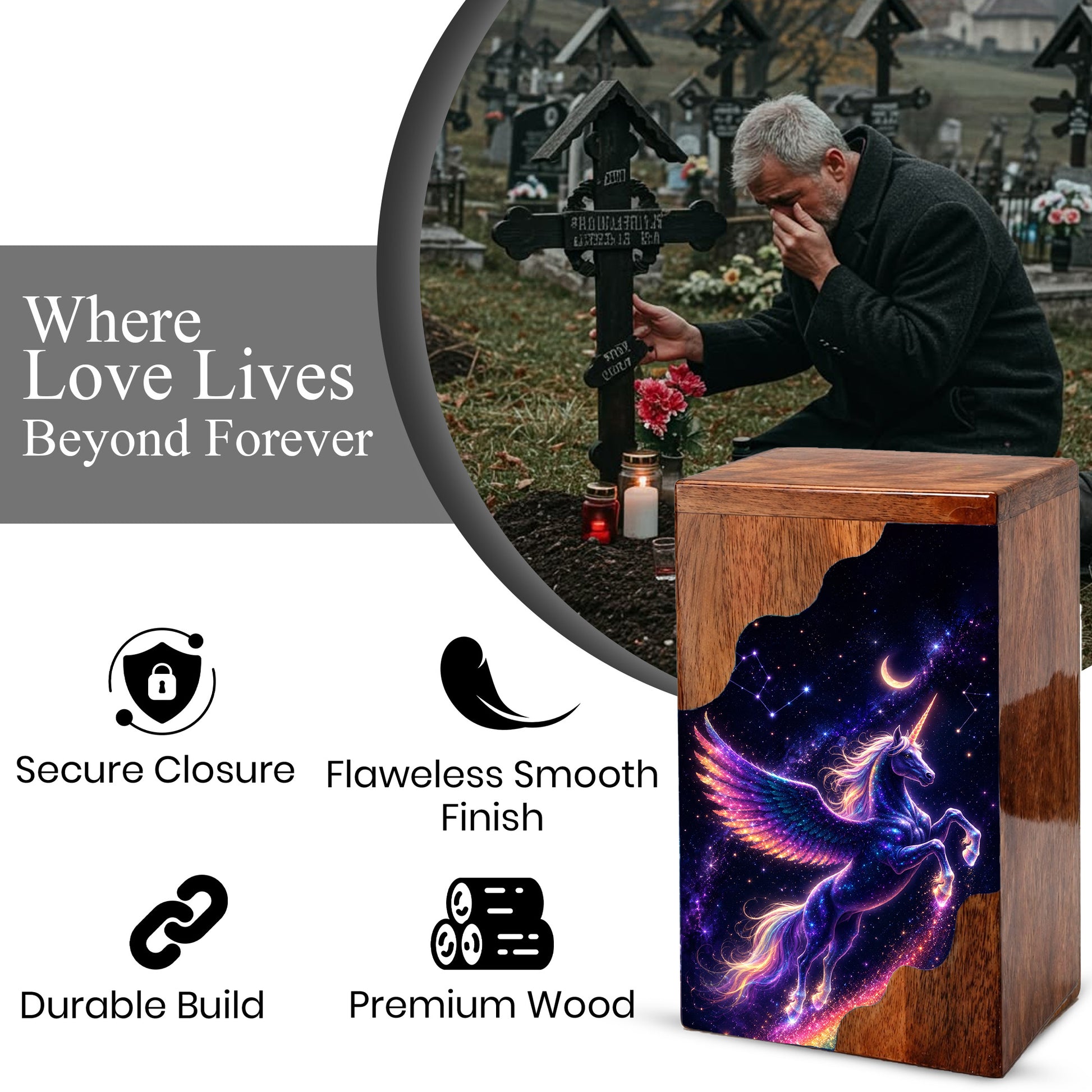 Celestial Pegasus Unicorn Wooden Cremation Urn – Personalized Memorial Urn for Human Ashes