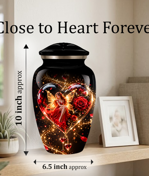 Red Rose Fairy Heart Cremation Urn for Adult Ashes, Personalized Memorial Urn with Romantic Heart Design
