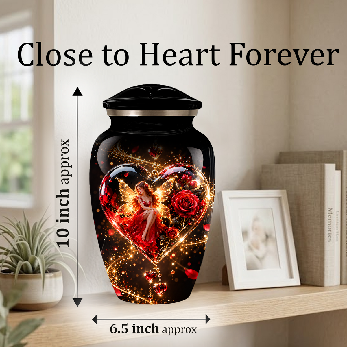 Red Rose Fairy Heart Cremation Urn for Adult Ashes, Personalized Memorial Urn with Romantic Heart Design