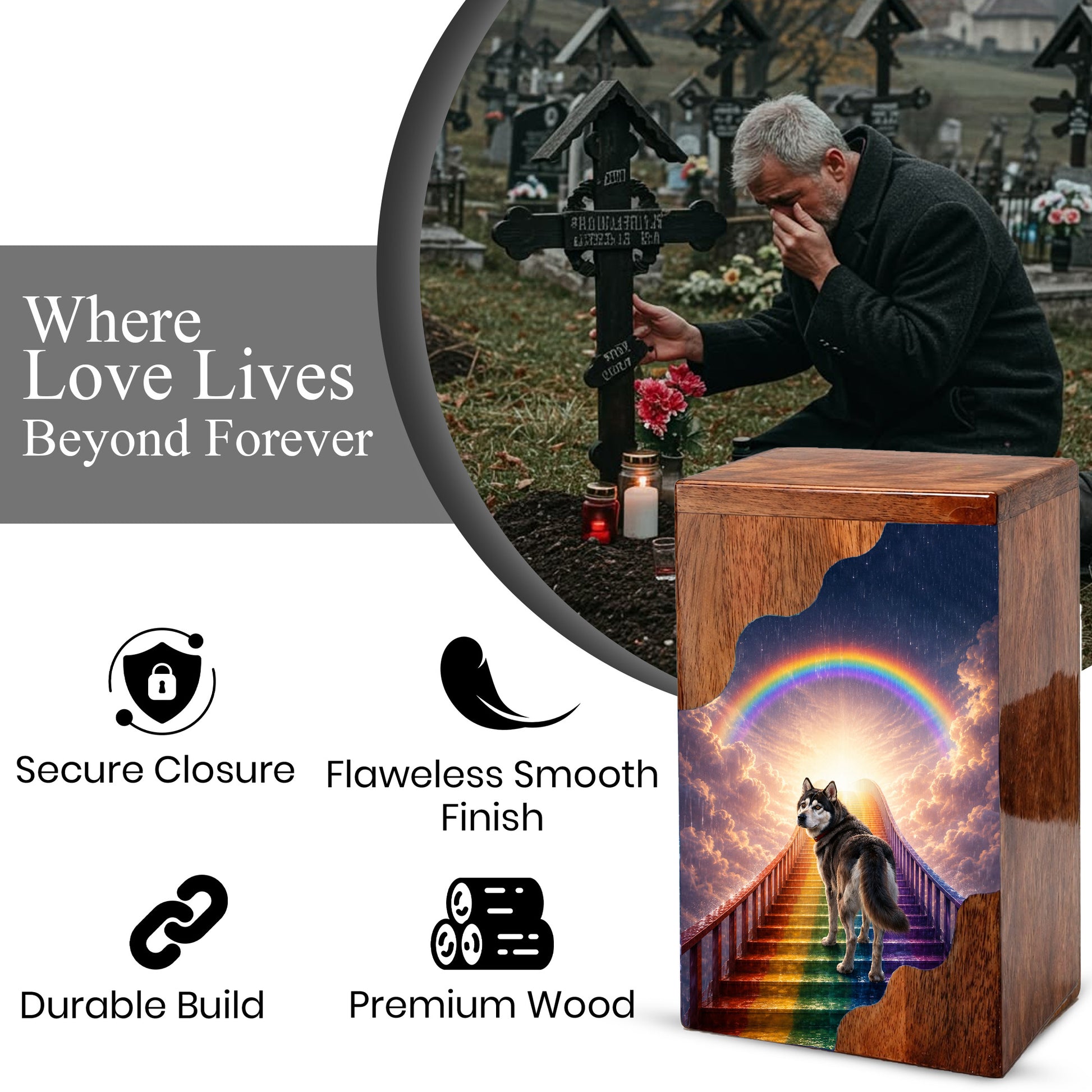 Personalized Husky Dog Urn for Ashes, Rainbow Bridge Wooden Cremation Urn