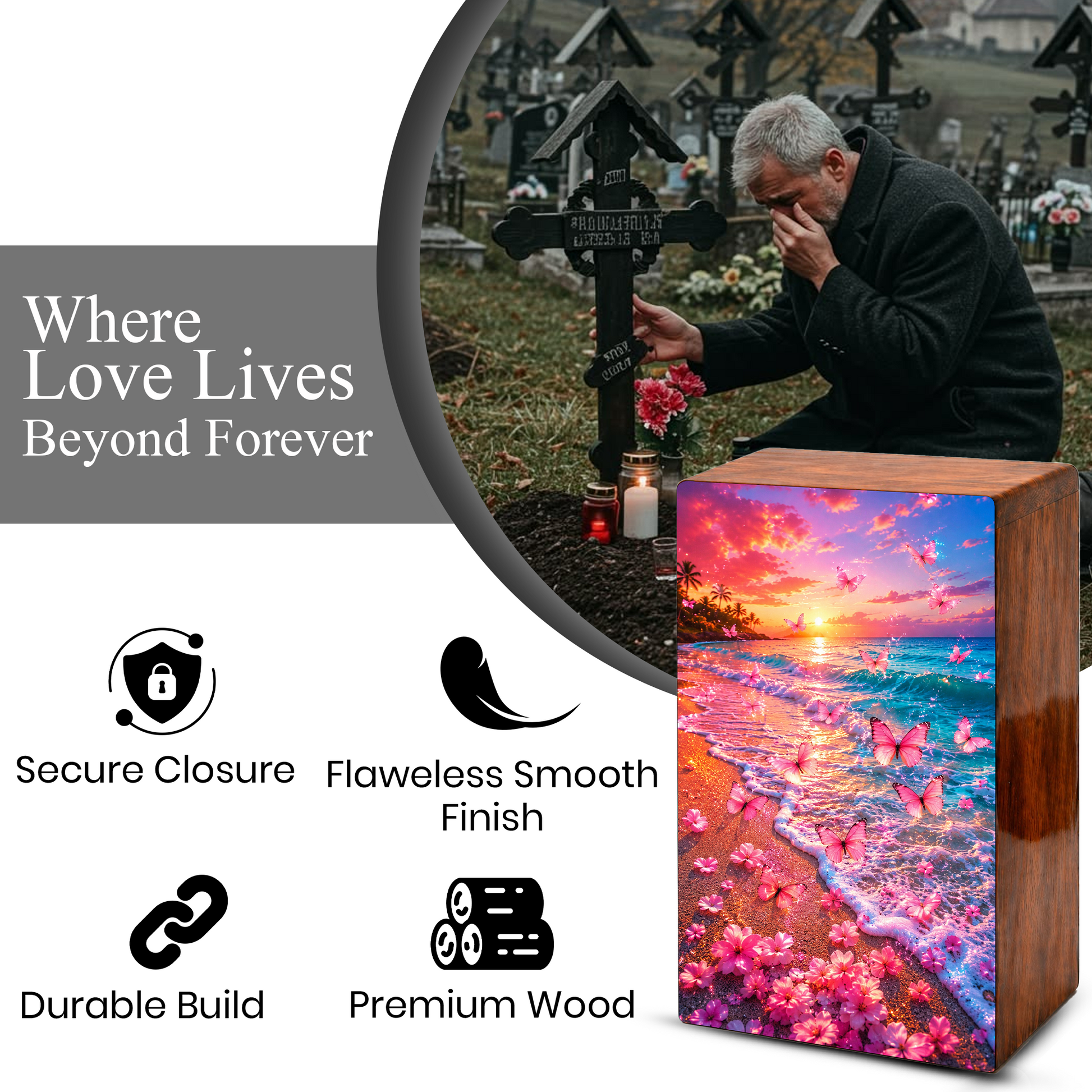 Pink Butterfly Urn For Human Ashes Women - Beach Scene Cremation Urns With Butterflies