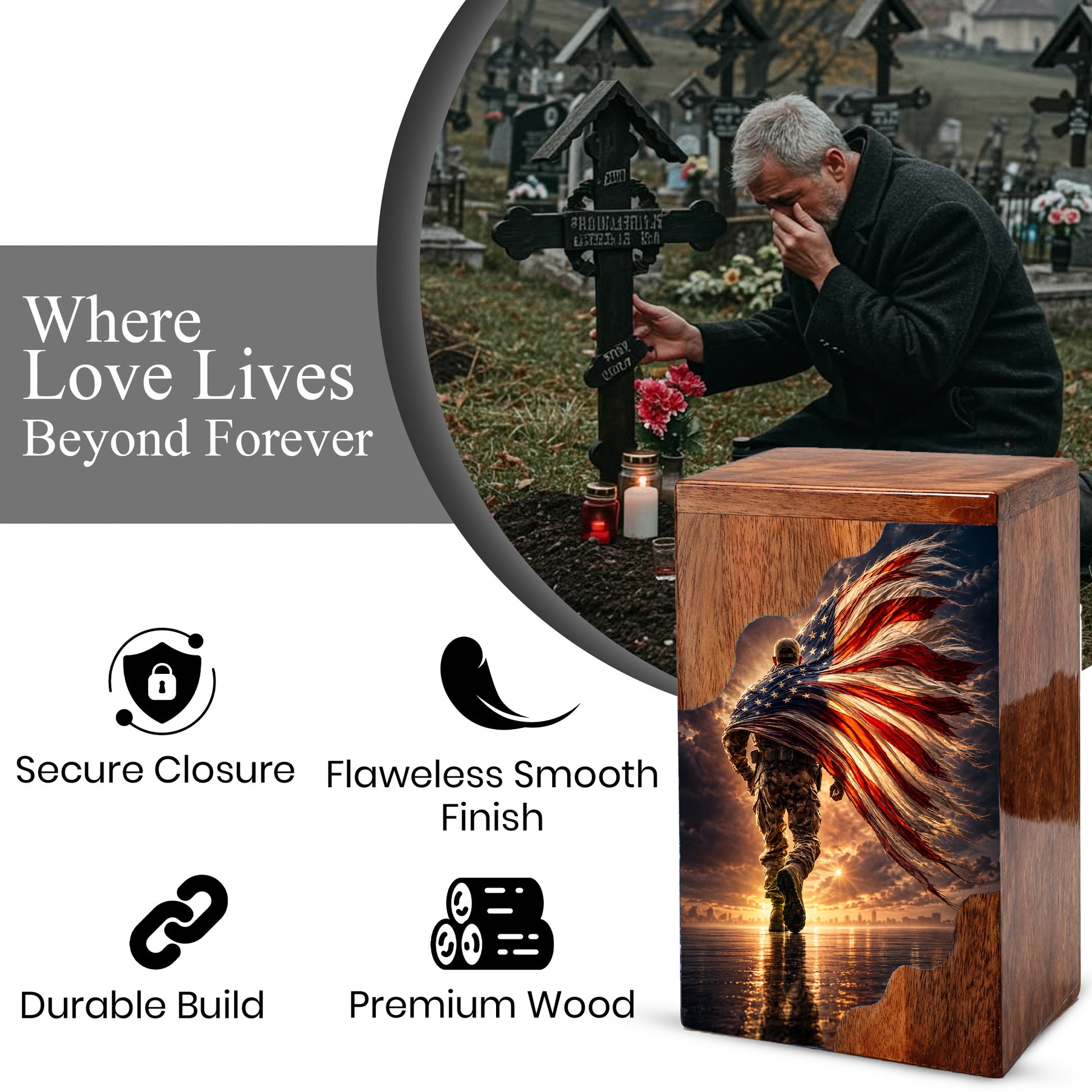 Military Wooden Cremation Urn – Patriotic Memorial Urn for Human Ashes