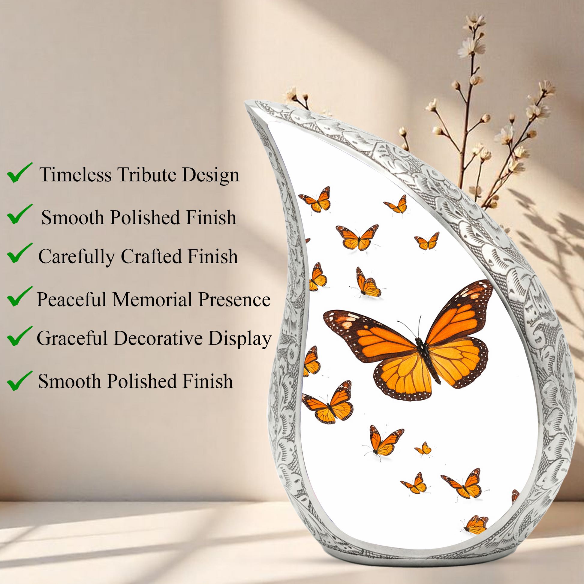Butterfly Personalized Cremation Urn – Teardrop Style Aluminum Memorial Urn, 10 Inch