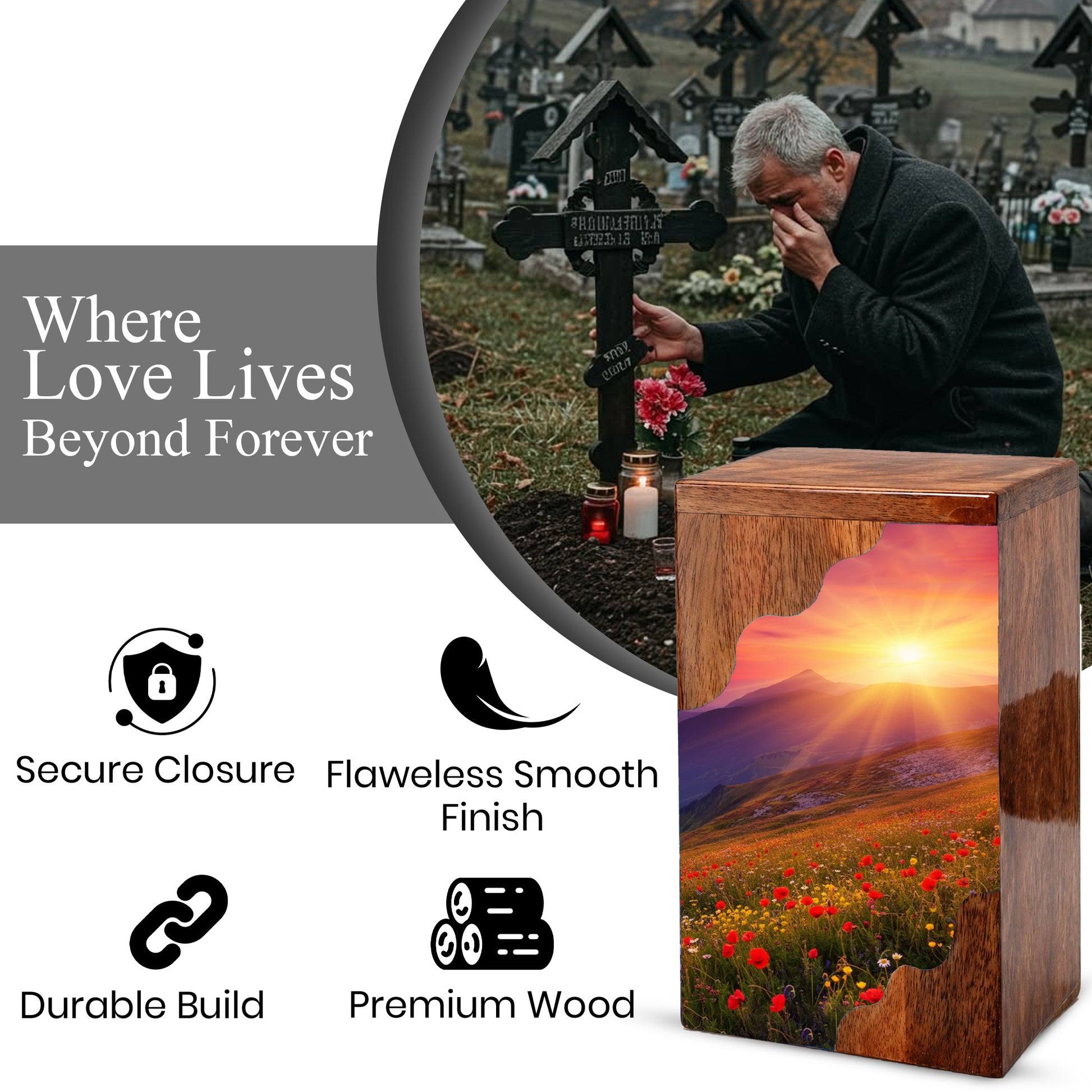 Sunrise Cremation Urn – Custom Wooden Memorial Urn Box for Ashes