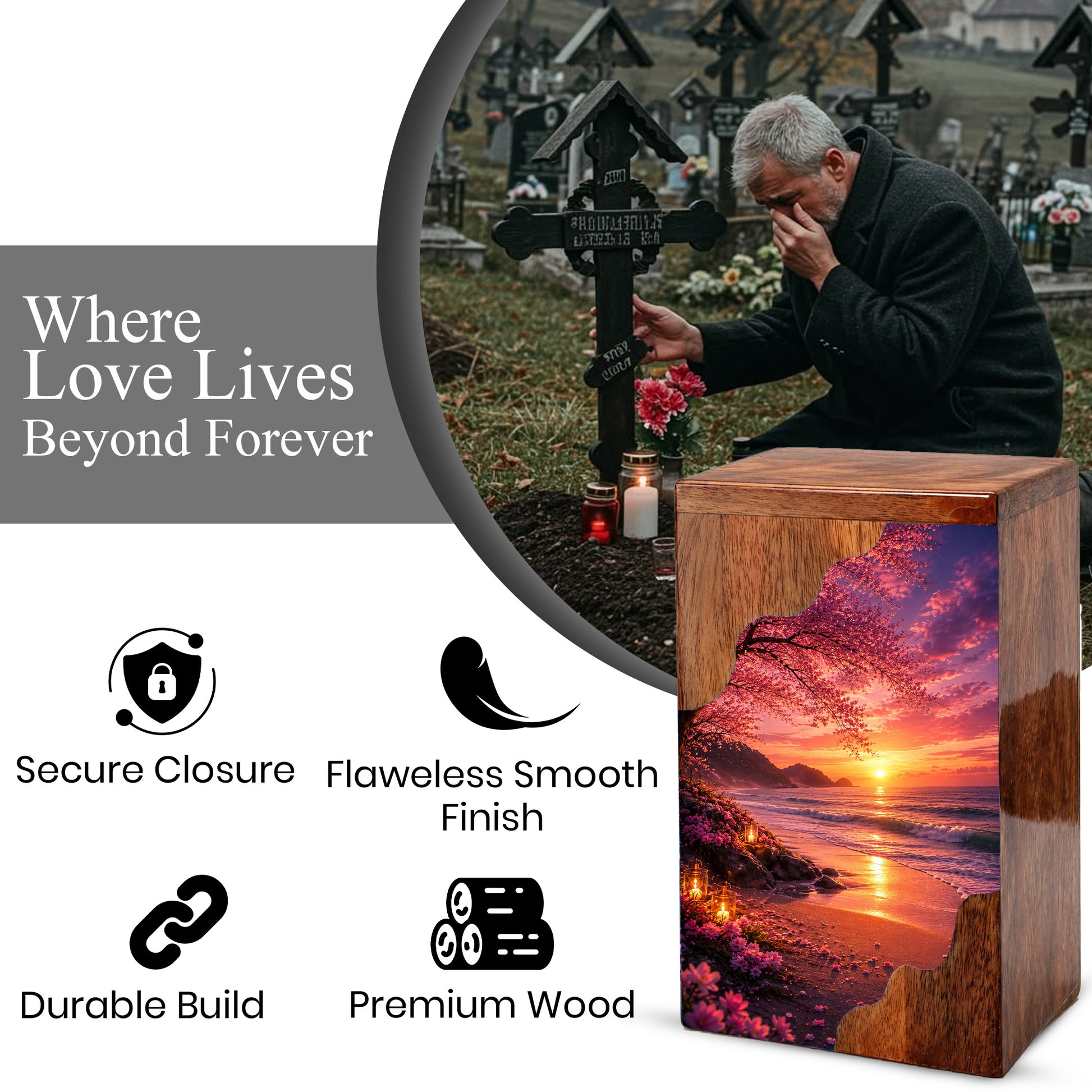 Beach Wooden Cremation Urn for Mom | Ocean Sunset Urn for Human Ashes