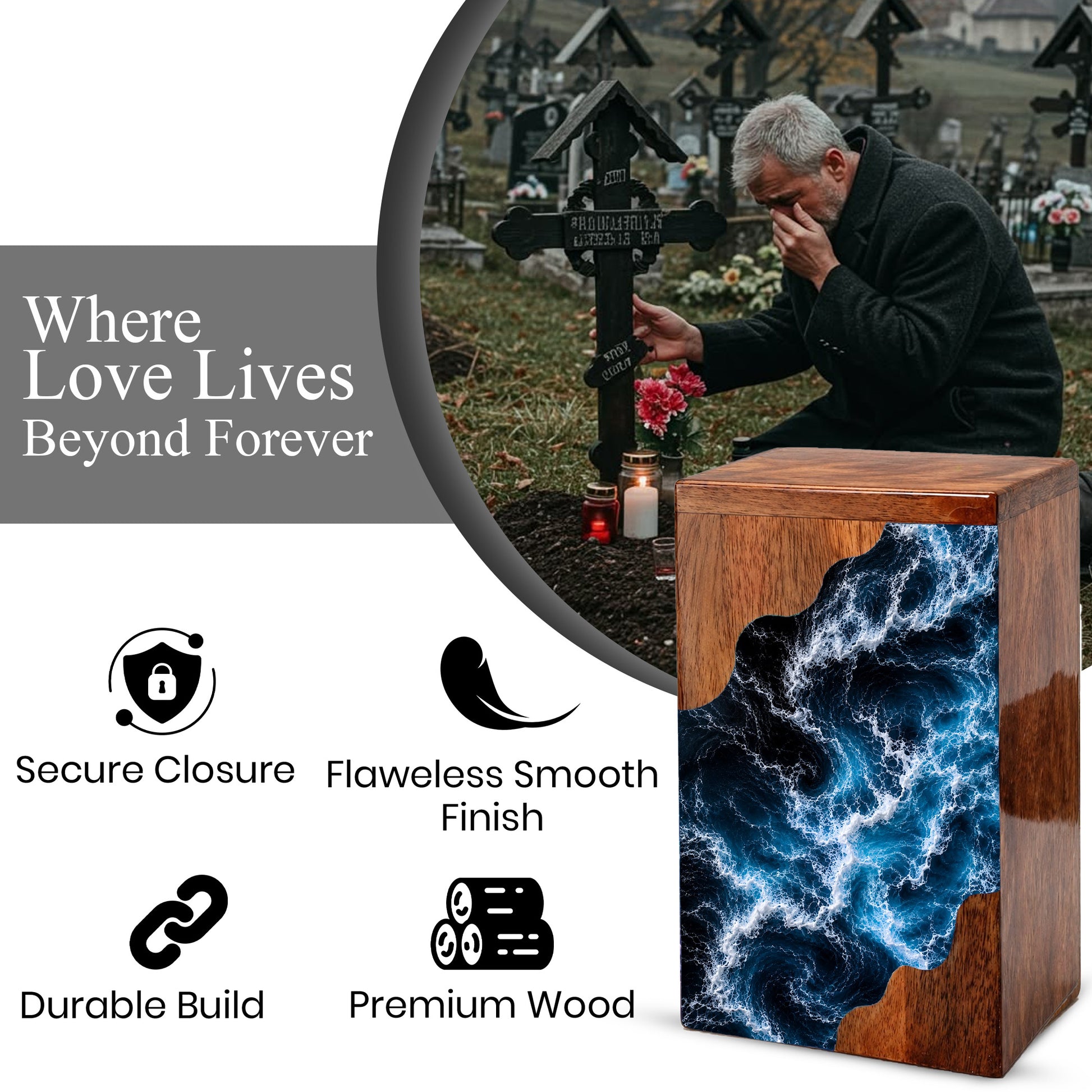 Wooden Ocean Wave Cremation Urn – Wooden Urn for Human Ashes
