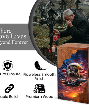 Military Eagle Wooden Cremation Urn for Human Ashes| American Flag Patriotic Funeral Urn