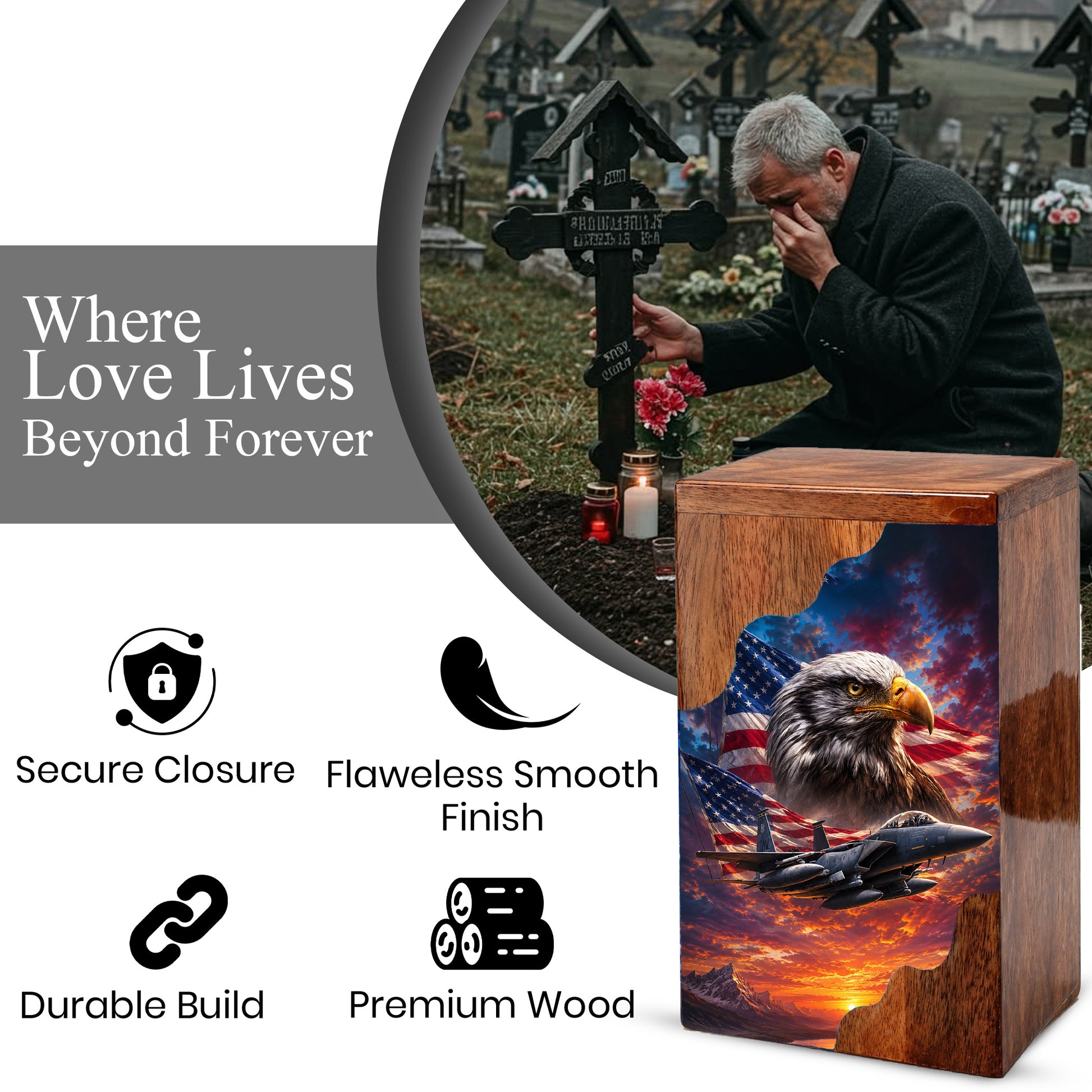 Military Eagle Wooden Cremation Urn for Human Ashes| American Flag Patriotic Funeral Urn