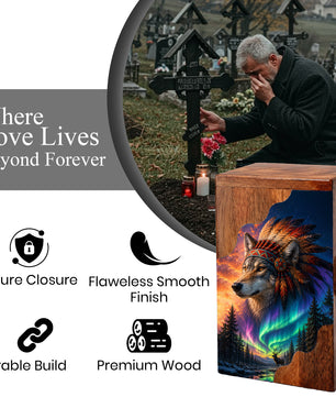 Wolf Wooden Cremation Urn – Northern Lights Memorial Urn