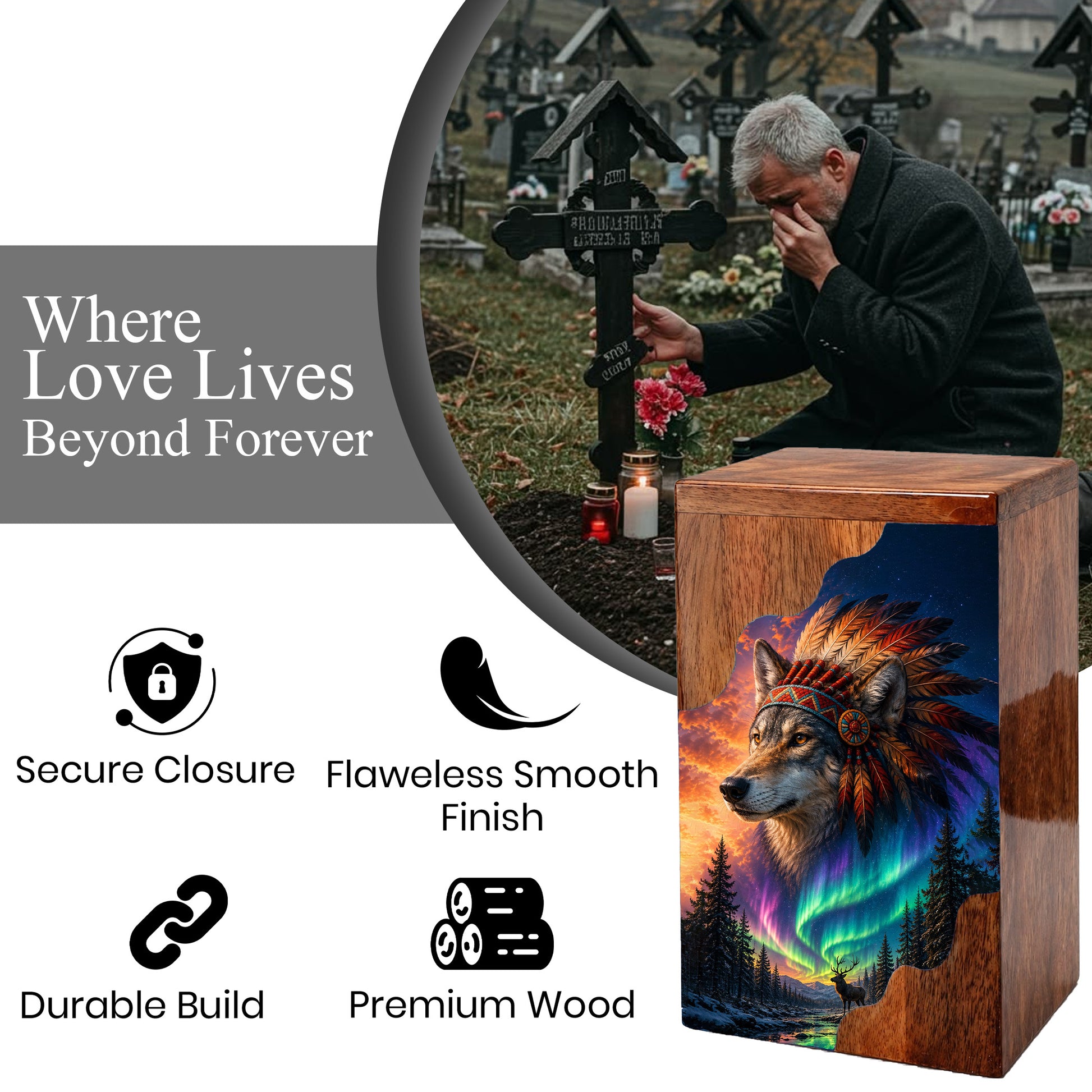 Wolf Wooden Cremation Urn – Northern Lights Memorial Urn