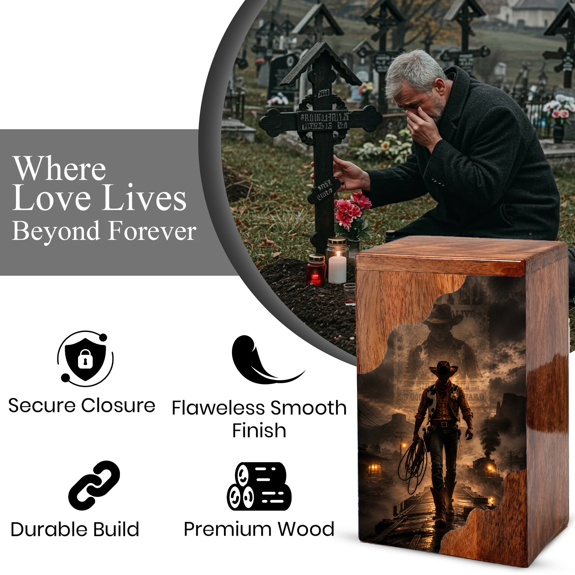 Cowboy Wooden Cremation Urn for Human Ashes | Personalized Western Memorial Urn