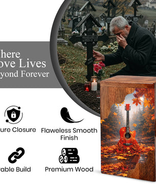 Guitar Wooden Cremation Urn – Autumn Guitar Memorial Urn | Custom Wooden Urn for Human Ashes