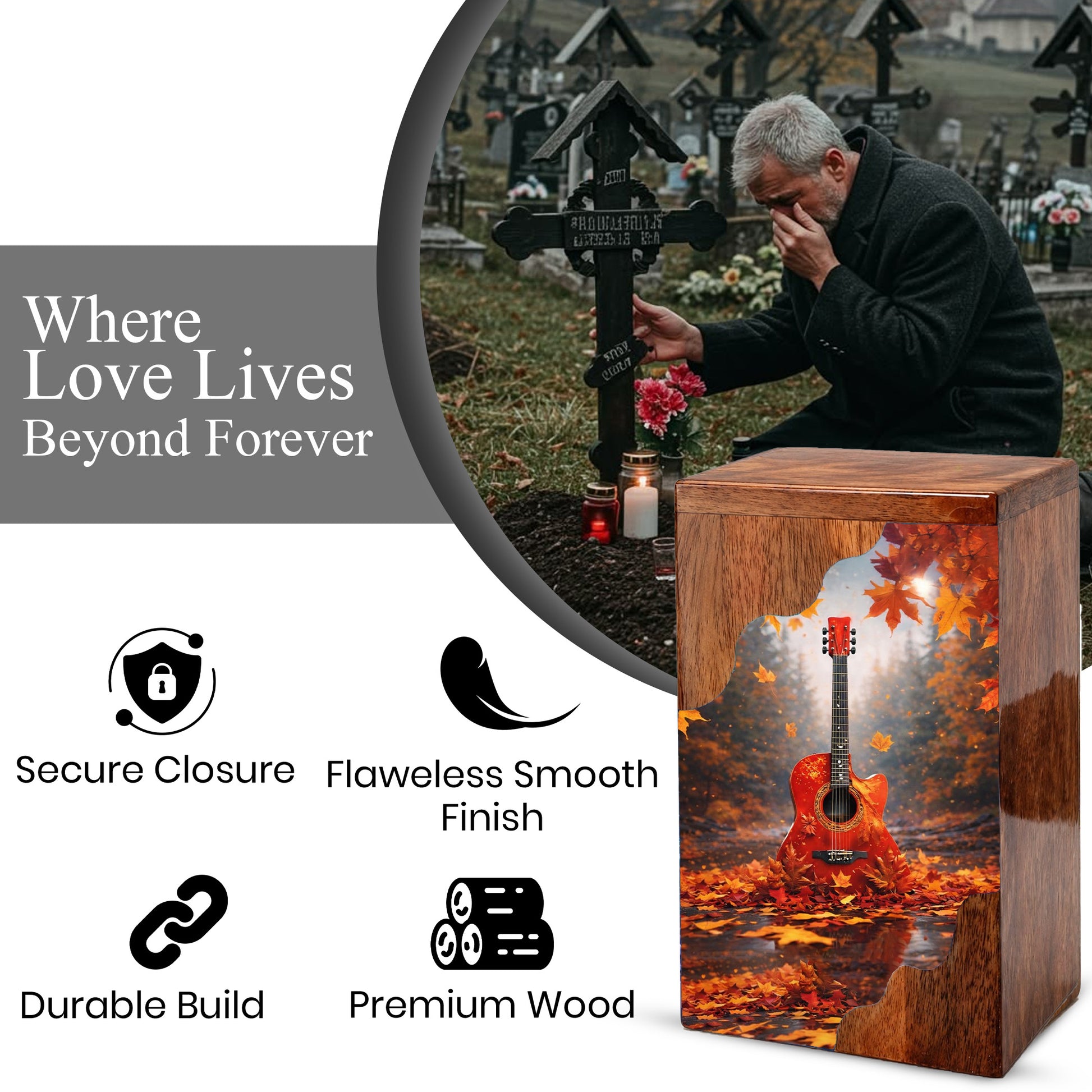 Guitar Wooden Cremation Urn – Autumn Guitar Memorial Urn | Custom Wooden Urn for Human Ashes
