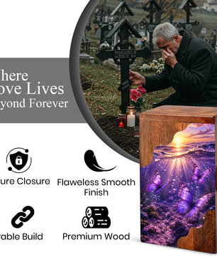 Purple Butterfly Wooden Cremation Urn – Wooden Urn for Human Ashes