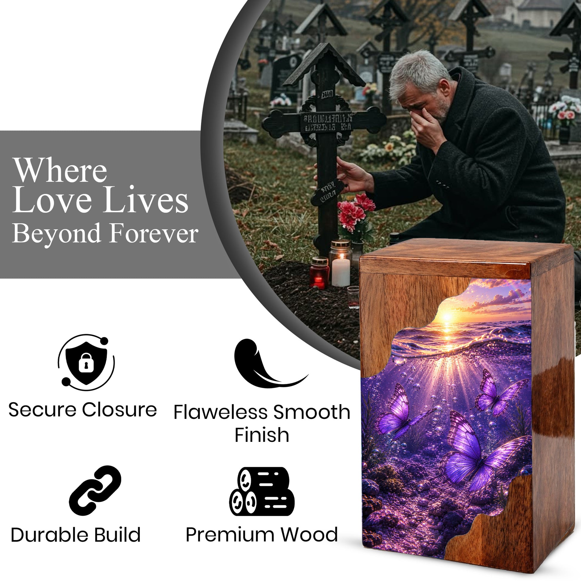 Purple Butterfly Wooden Cremation Urn – Wooden Urn for Human Ashes