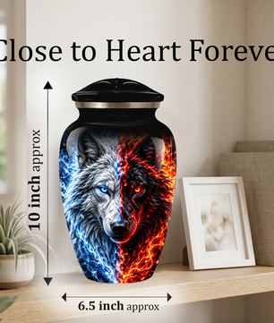 Personalized Adult Cremation Urn for Ashes, Custom Wolf Memorial Urn, Blue and Fire Red Dual Wolf Artwork