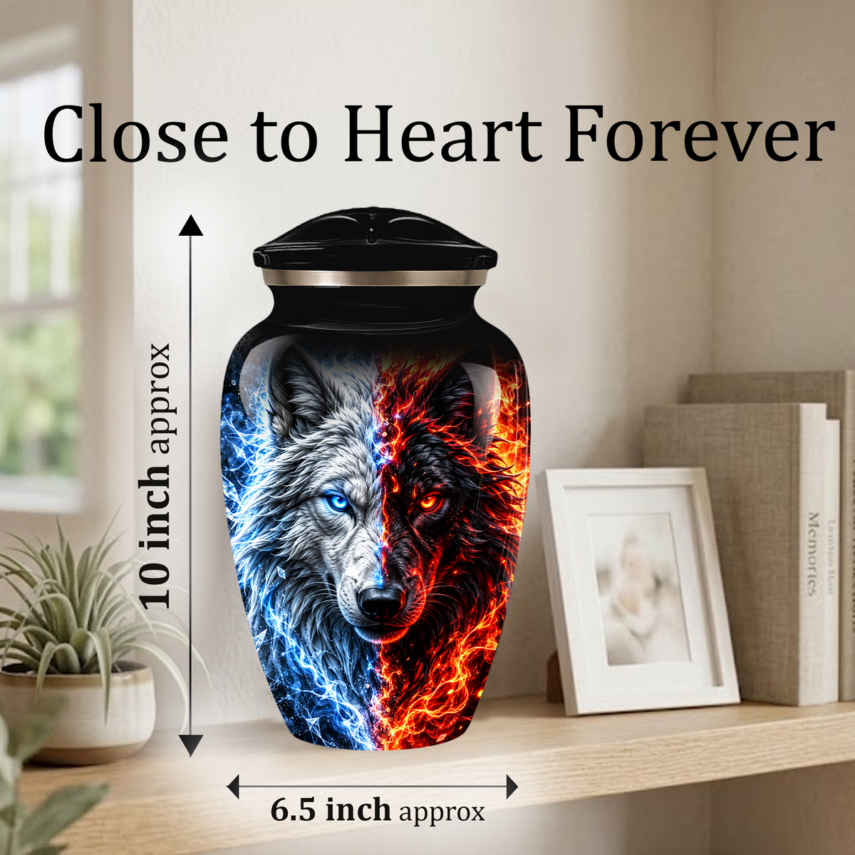Personalized Adult Cremation Urn for Ashes, Custom Wolf Memorial Urn, Blue and Fire Red Dual Wolf Artwork
