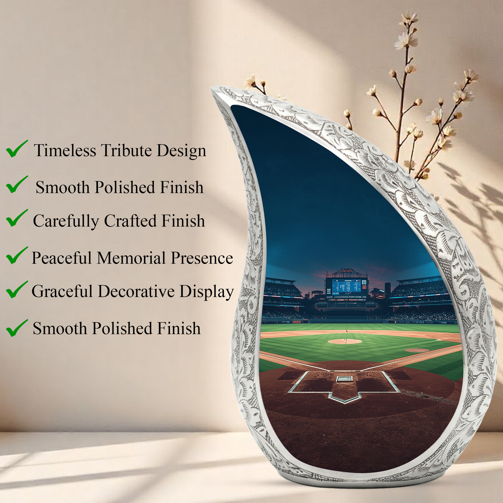 Baseball Personalized Cremation Urn for Dad – Teardrop Style Aluminum Memorial Urn, 10 Inch
