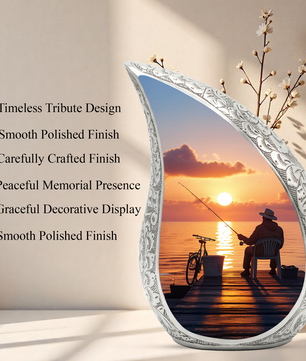 Fishing Personalized Cremation Urn for Dad – Teardrop Style Aluminum Memorial Urn, 10 Inch