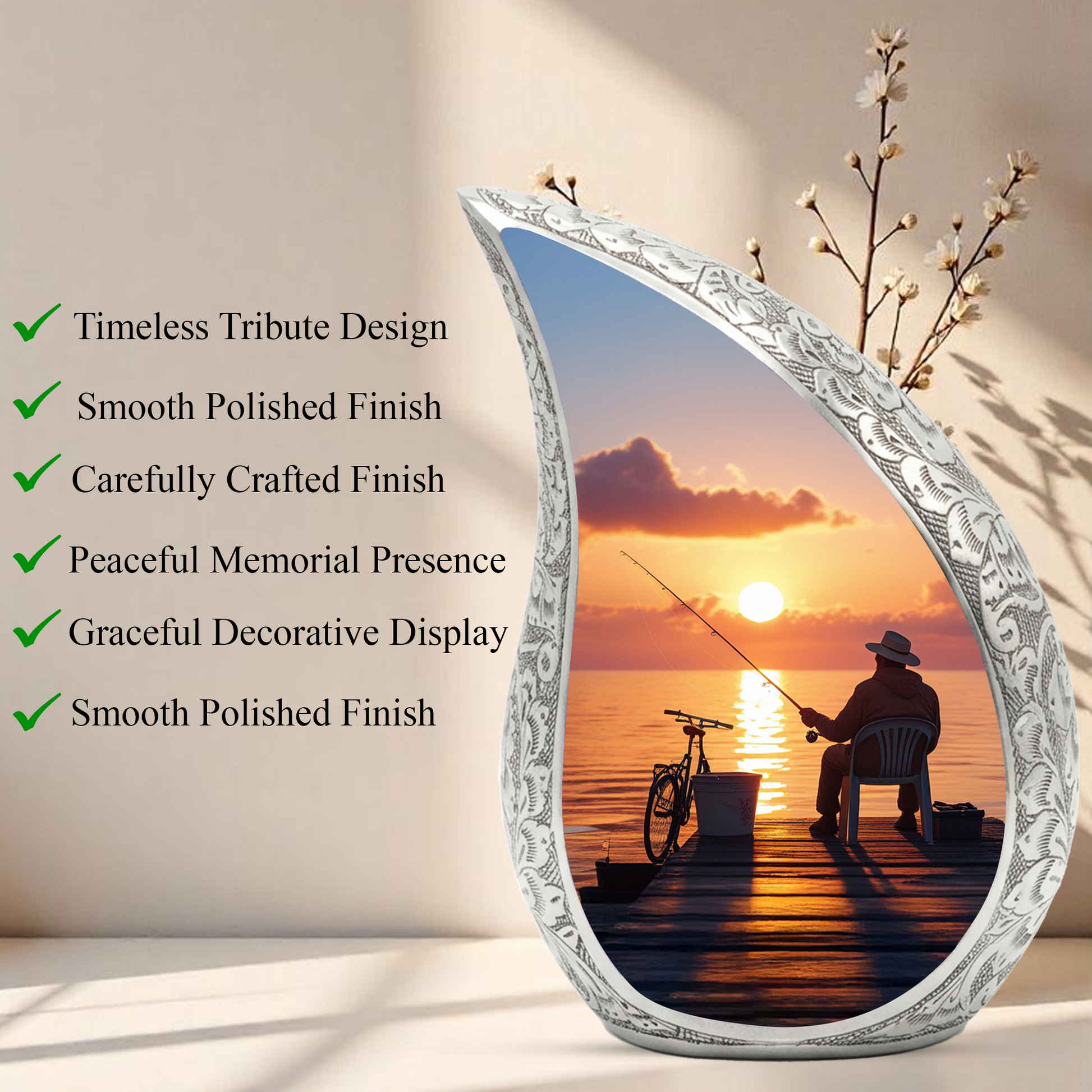 Fishing Personalized Cremation Urn for Dad – Teardrop Style Aluminum Memorial Urn, 10 Inch