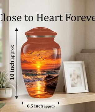 Beach Cremation Urn for Ashes | Ocean Sunset Memorial Urn | Personalized Beach & Ocean Theme Urn