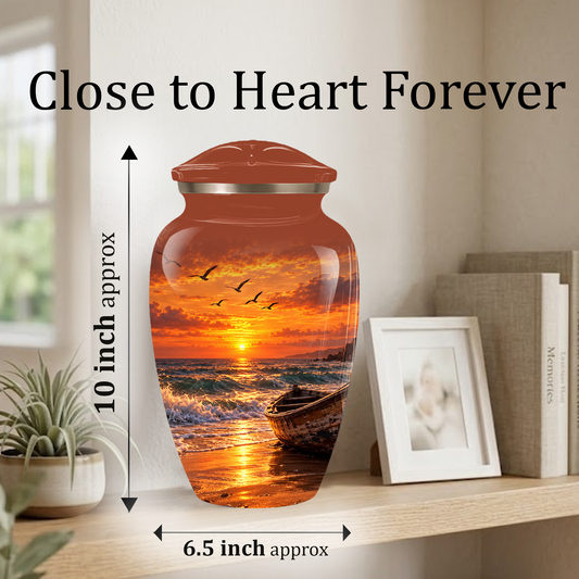 Beach Cremation Urn for Ashes | Ocean Sunset Memorial Urn | Personalized Beach & Ocean Theme Urn