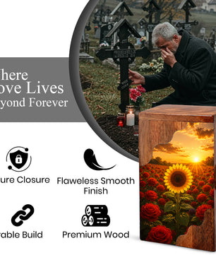 Sunflower Wooden Cremation Urn for Mom | Rose Memorial Urn for Human Ashes