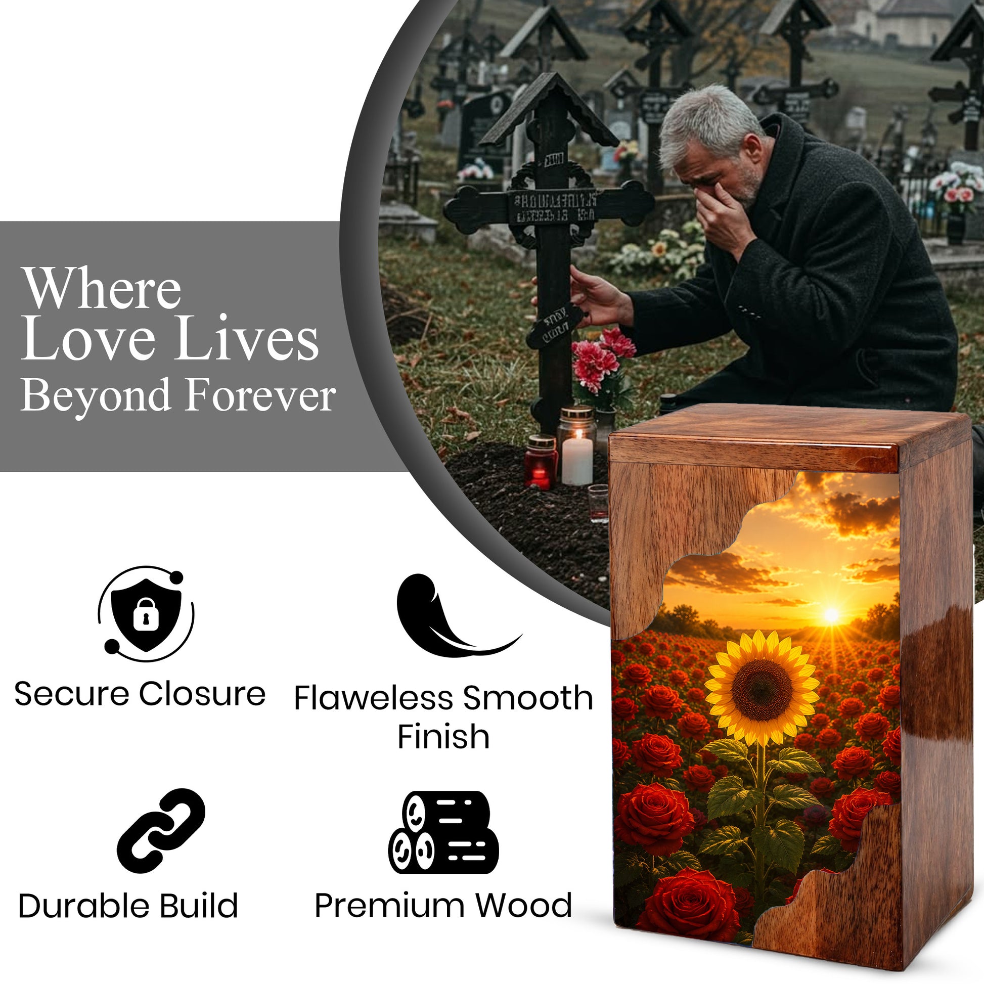 Sunflower Wooden Cremation Urn for Mom | Rose Memorial Urn for Human Ashes