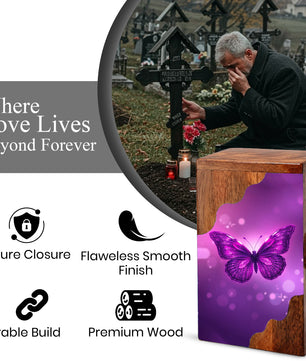Purple Butterfly Wooden Cremation Urn – Elegant Butterfly Memorial Wooden Urn for Human Ashes