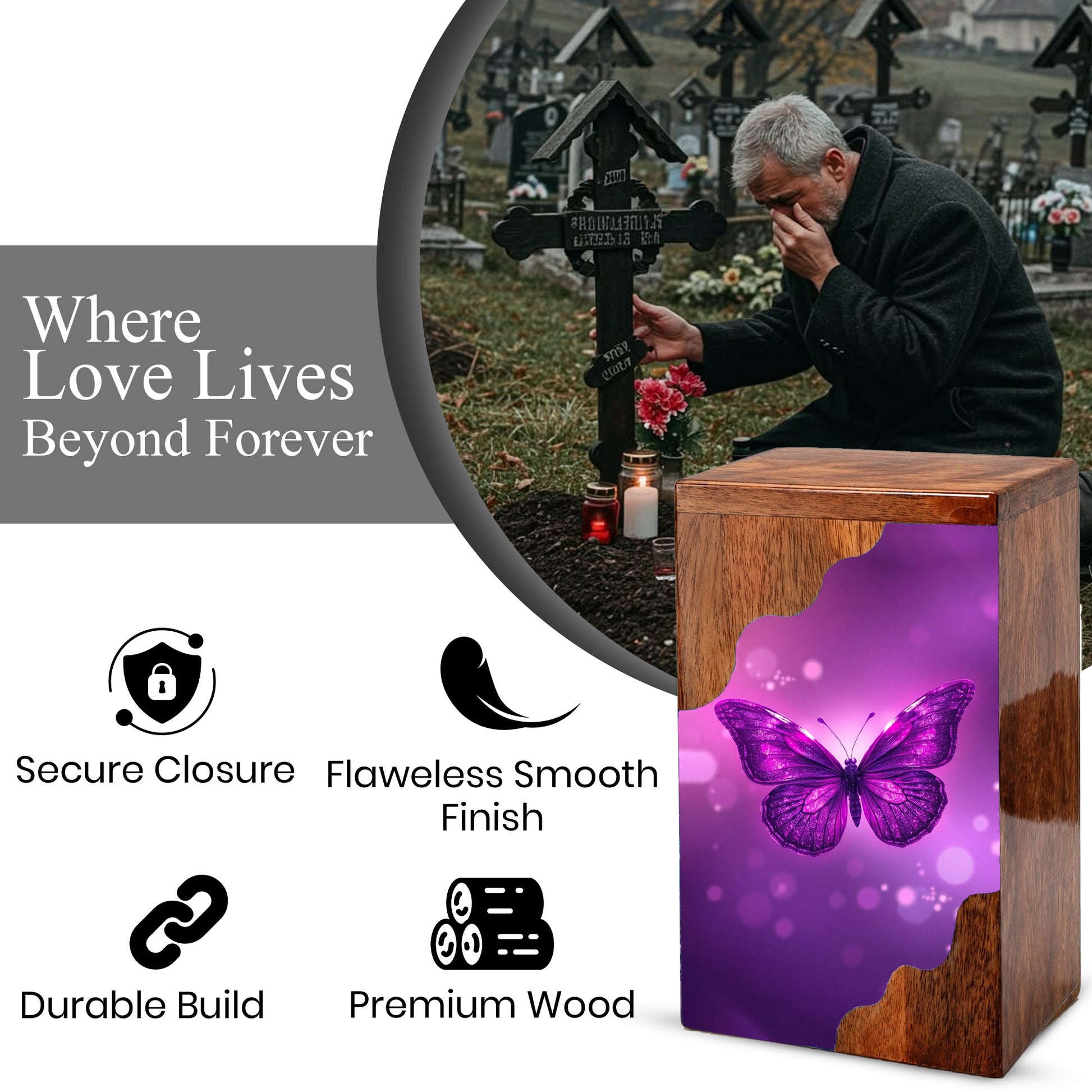 Purple Butterfly Wooden Cremation Urn – Elegant Butterfly Memorial Wooden Urn for Human Ashes